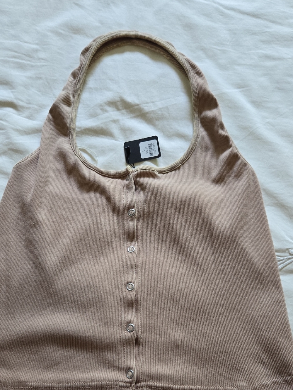 Double Zero Ribbed Button-Front Tank in Light Beige